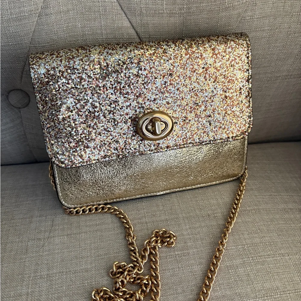 Coach Gold Glitter Clutch with Chain